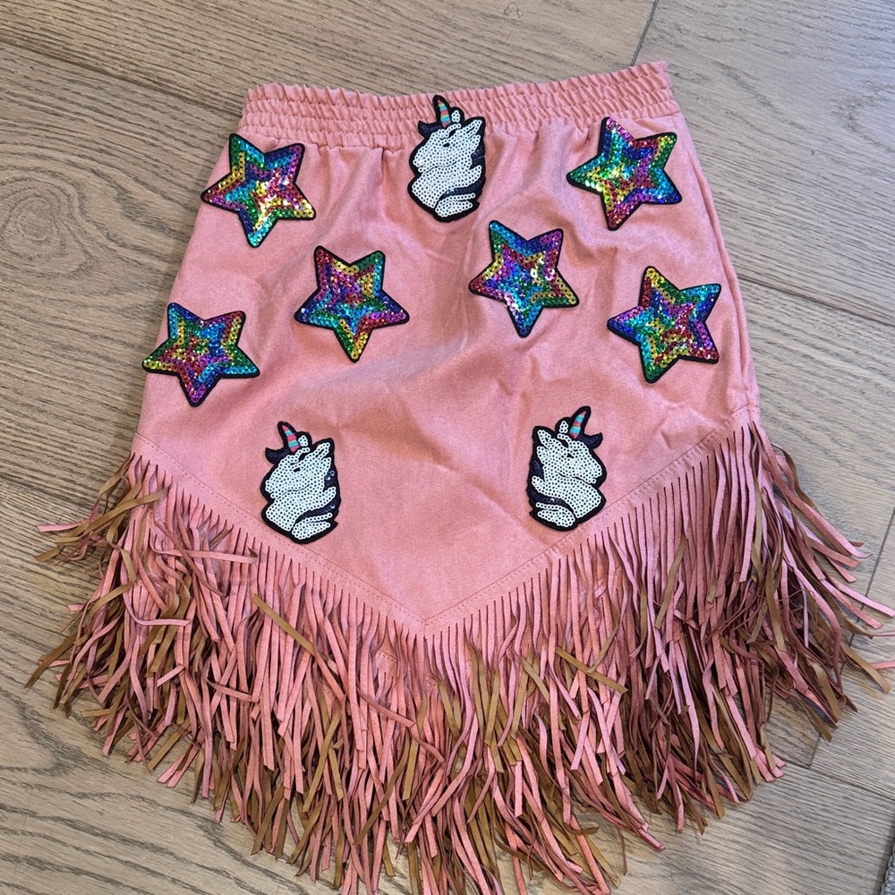 Chasing Fireflies Pink Asymmetrical Skirt with Fringe and Patches